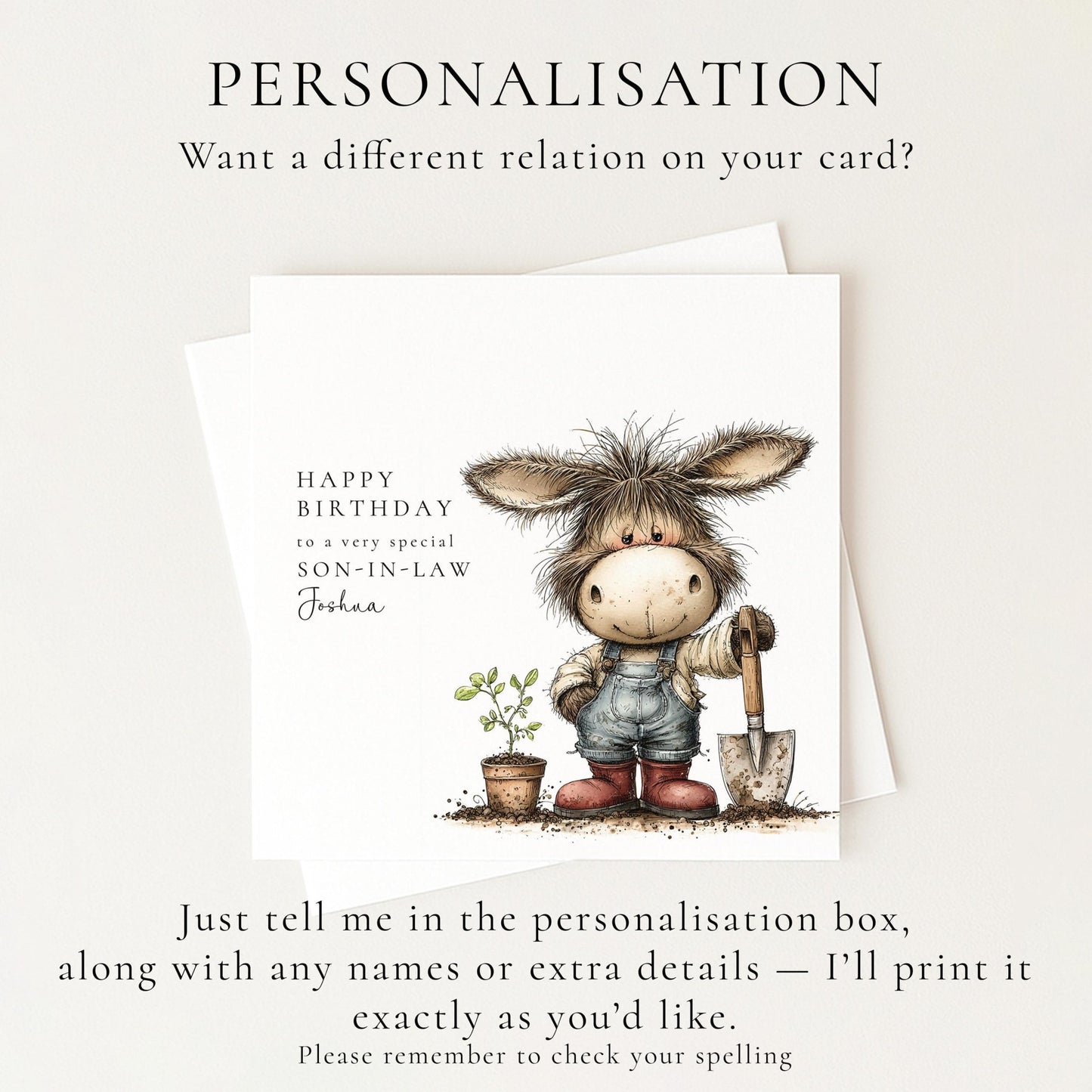 Son - in - Law Birthday Card – Personalised Garden Lover Gift With Donkey Illustration - Whimsi Lilley