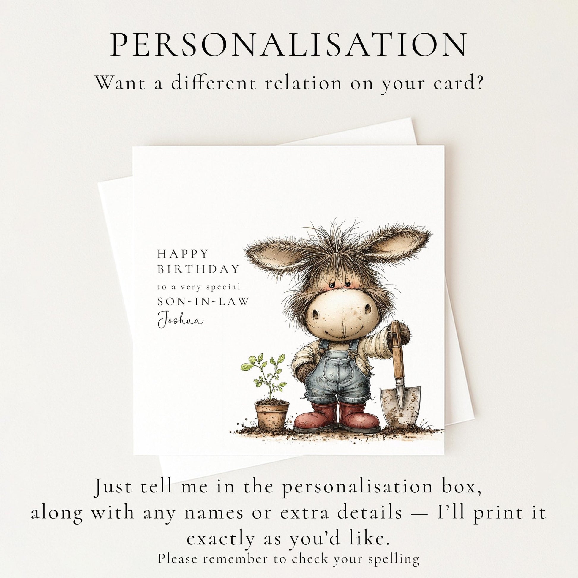 Son - in - Law Birthday Card – Personalised Garden Lover Gift With Donkey Illustration - Whimsi Lilley