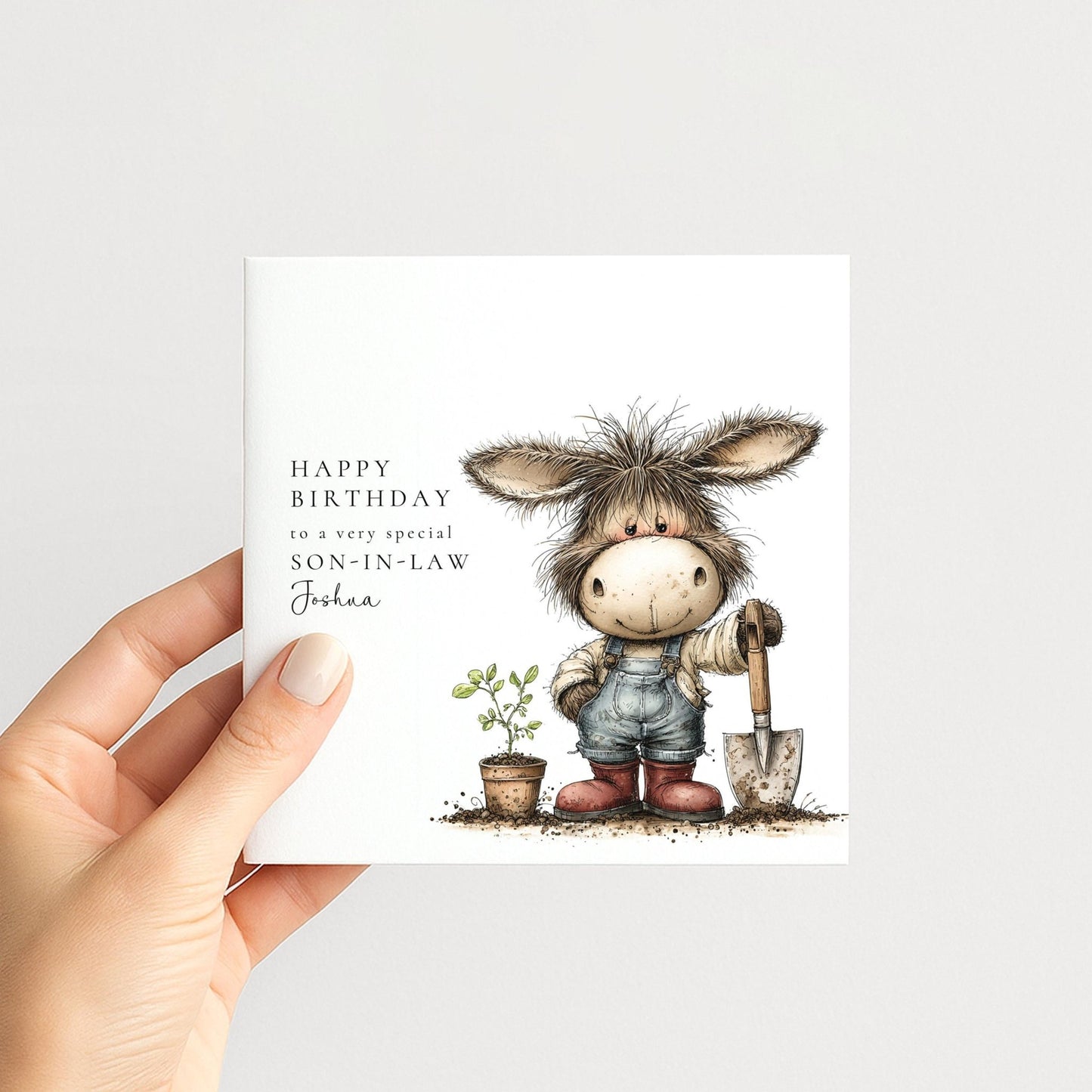 Son - in - Law Birthday Card – Personalised Garden Lover Gift With Donkey Illustration - Whimsi Lilley