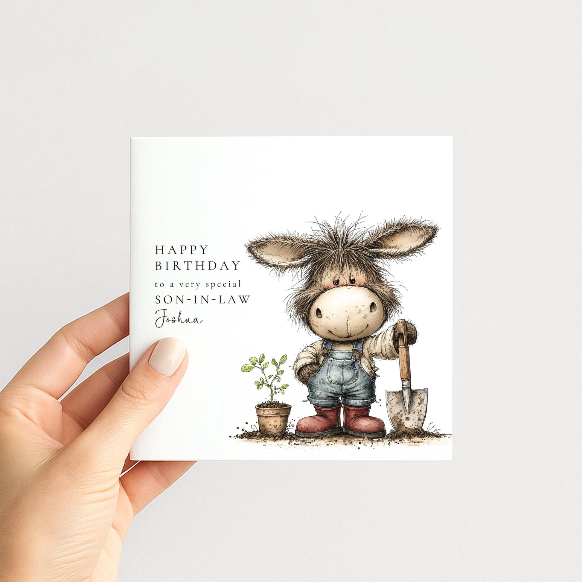 Son - in - Law Birthday Card – Personalised Garden Lover Gift With Donkey Illustration - Whimsi Lilley