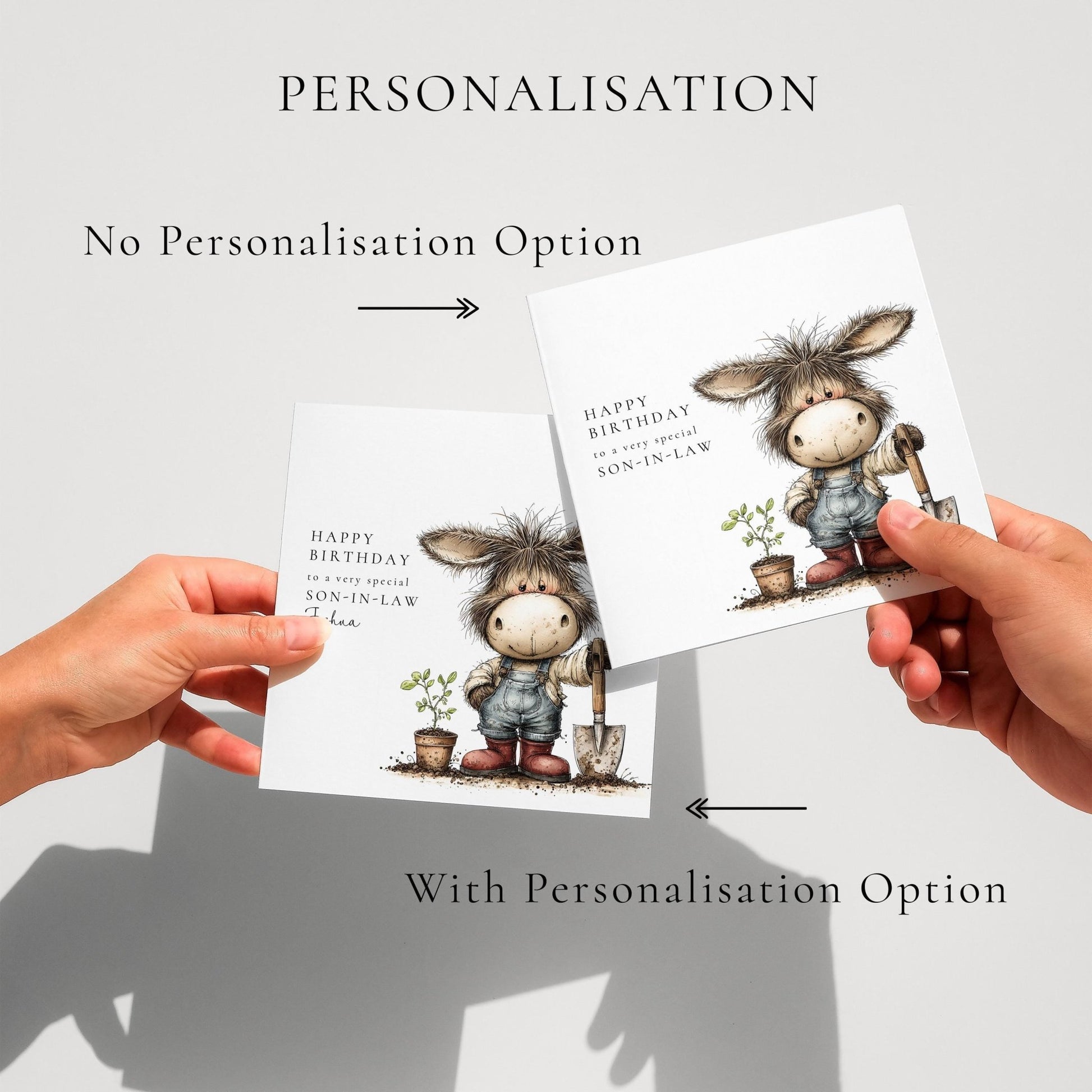 Son - in - Law Birthday Card – Personalised Garden Lover Gift With Donkey Illustration - Whimsi Lilley