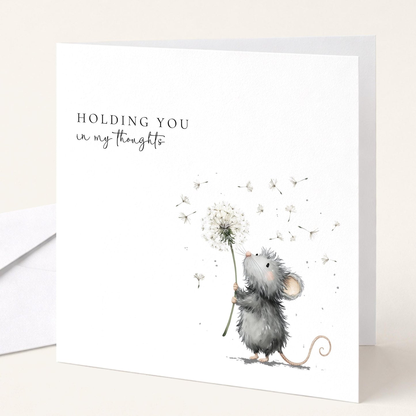 Thinking of You Card – Comfort Sympathy Support Card With Mouse Holding Dandelion - Whimsi Lilley
