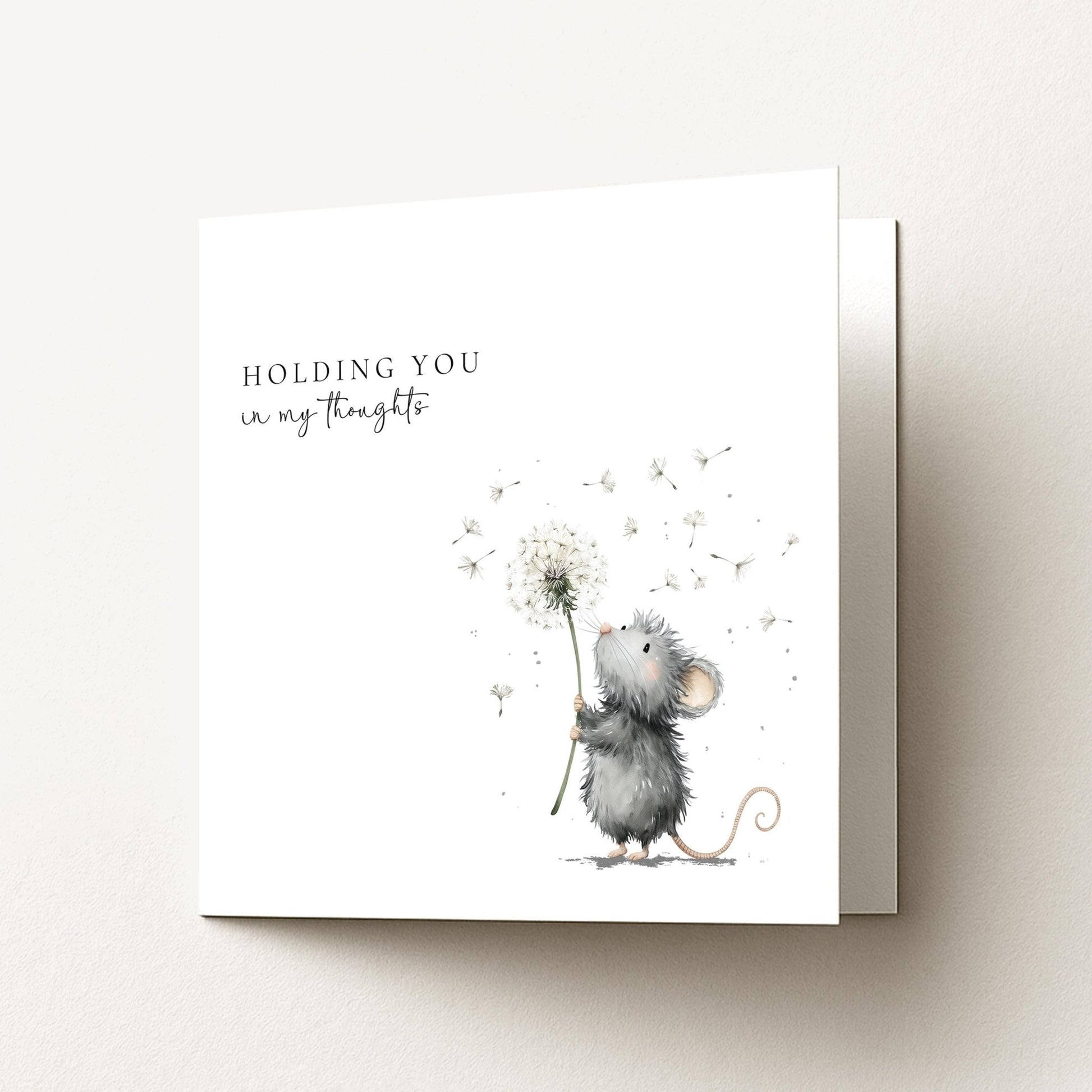 Thinking of You Card – Comfort Sympathy Support Card With Mouse Holding Dandelion - Whimsi Lilley
