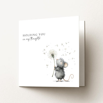 Thinking of You Card – Comfort Sympathy Support Card With Mouse Holding Dandelion - Whimsi Lilley