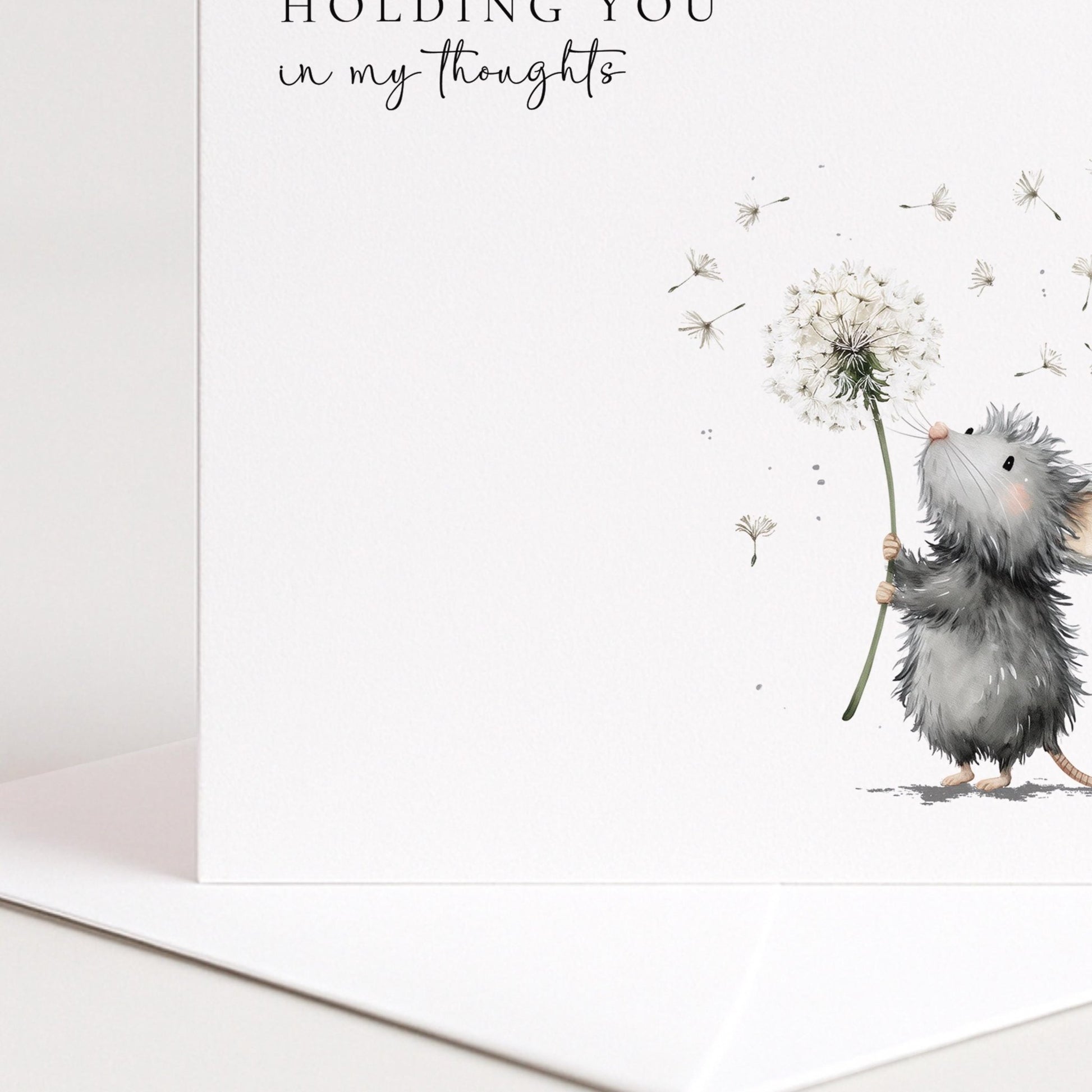 Thinking of You Card – Comfort Sympathy Support Card With Mouse Holding Dandelion - Whimsi Lilley