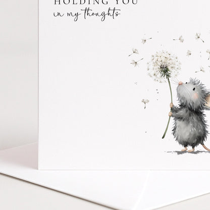 Thinking of You Card – Comfort Sympathy Support Card With Mouse Holding Dandelion - Whimsi Lilley
