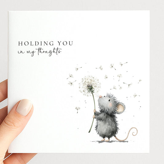 Thinking of You Card – Comfort Sympathy Support Card With Mouse Holding Dandelion - Whimsi Lilley