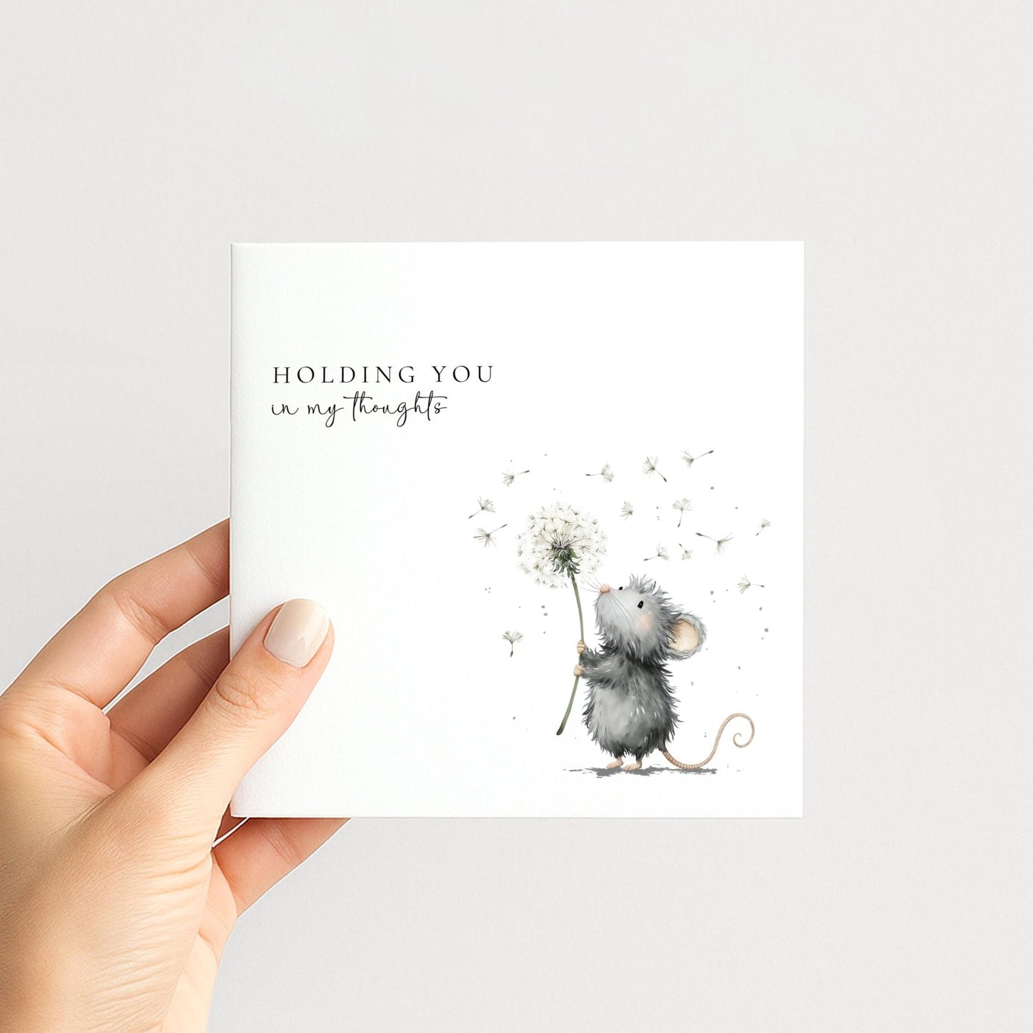 Thinking of You Card – Comfort Sympathy Support Card With Mouse Holding Dandelion - Whimsi Lilley