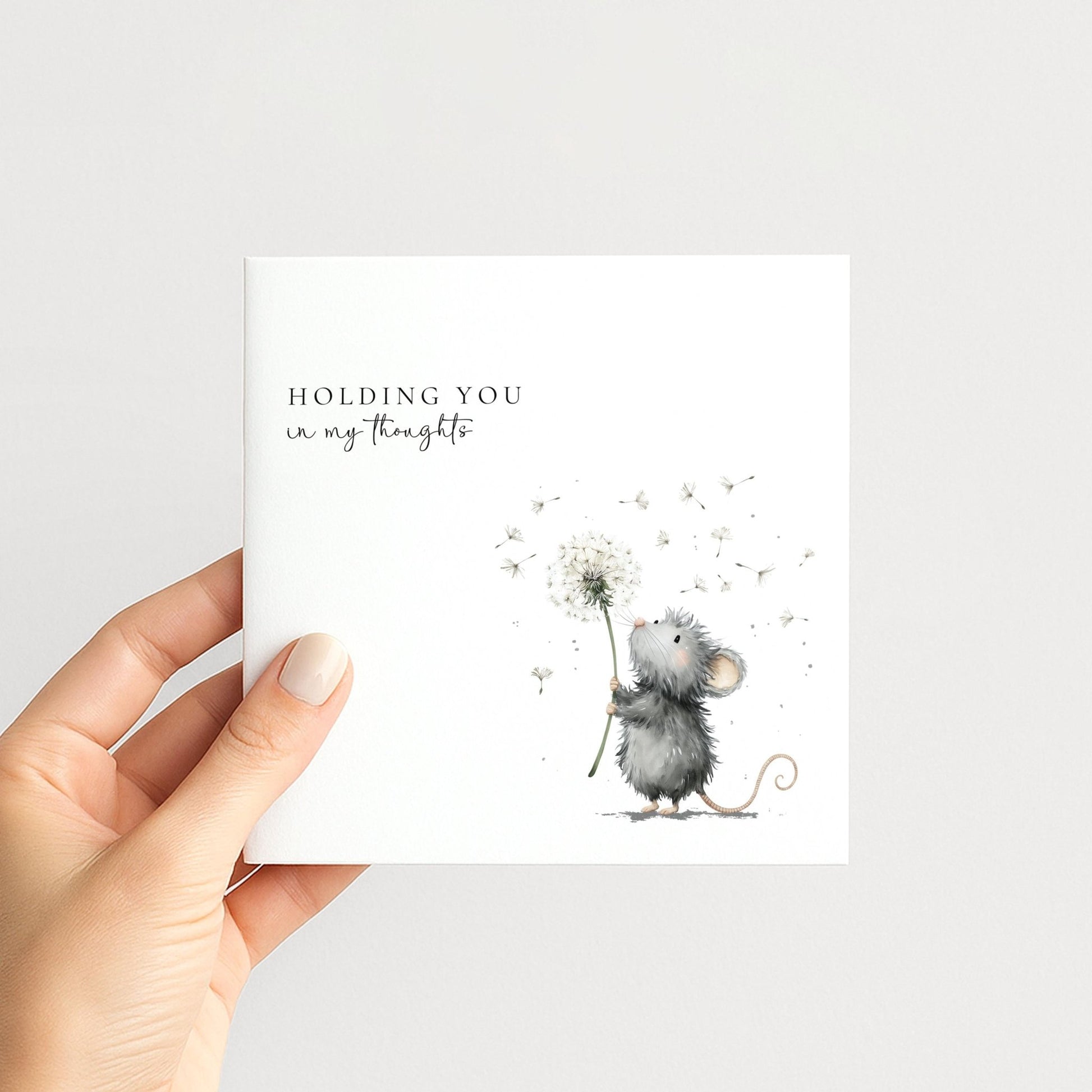 Thinking of You Card – Comfort Sympathy Support Card With Mouse Holding Dandelion - Whimsi Lilley