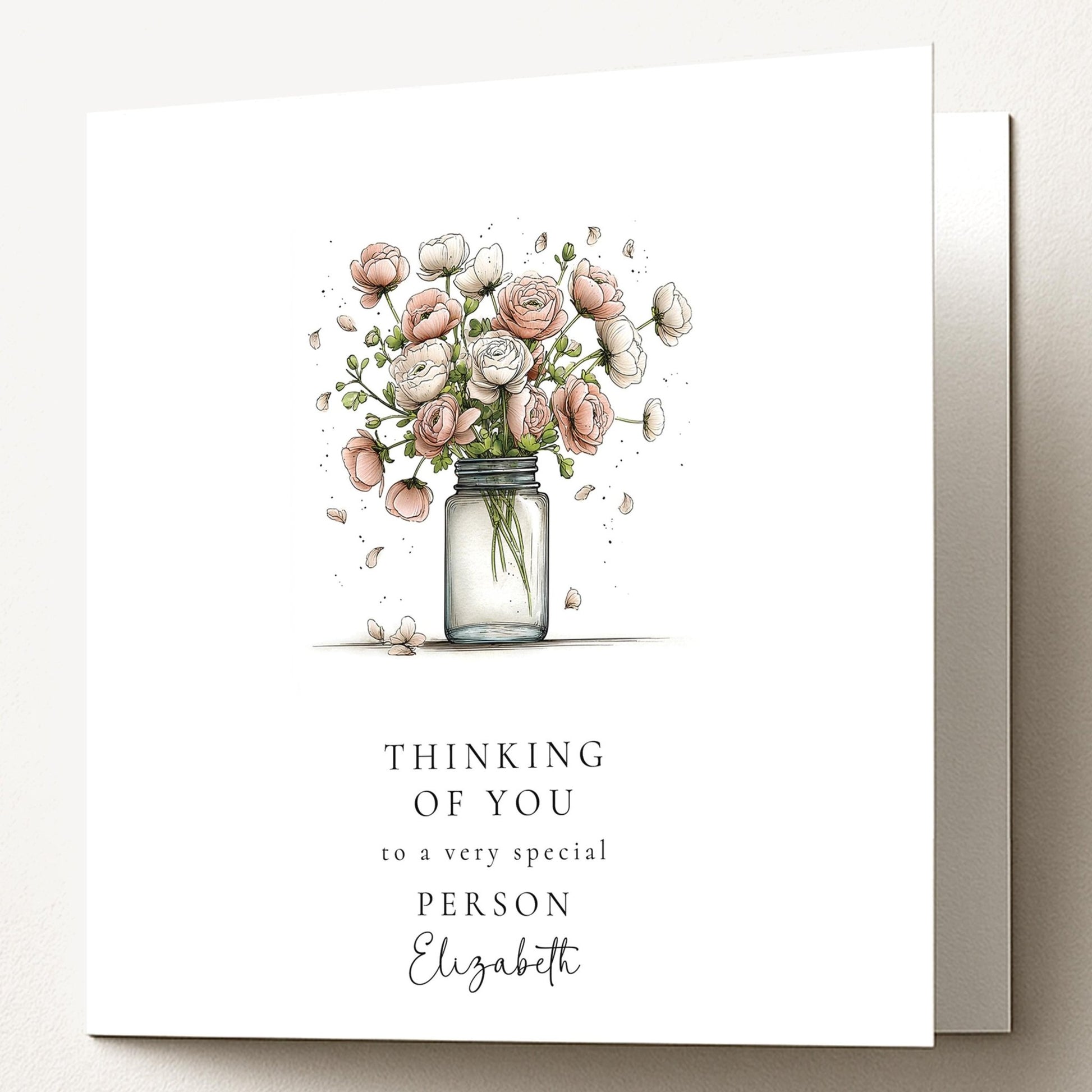 Thinking Of You Card - Personalised Floral Greeting With Bouquet In Glass Jar - Whimsi Lilley