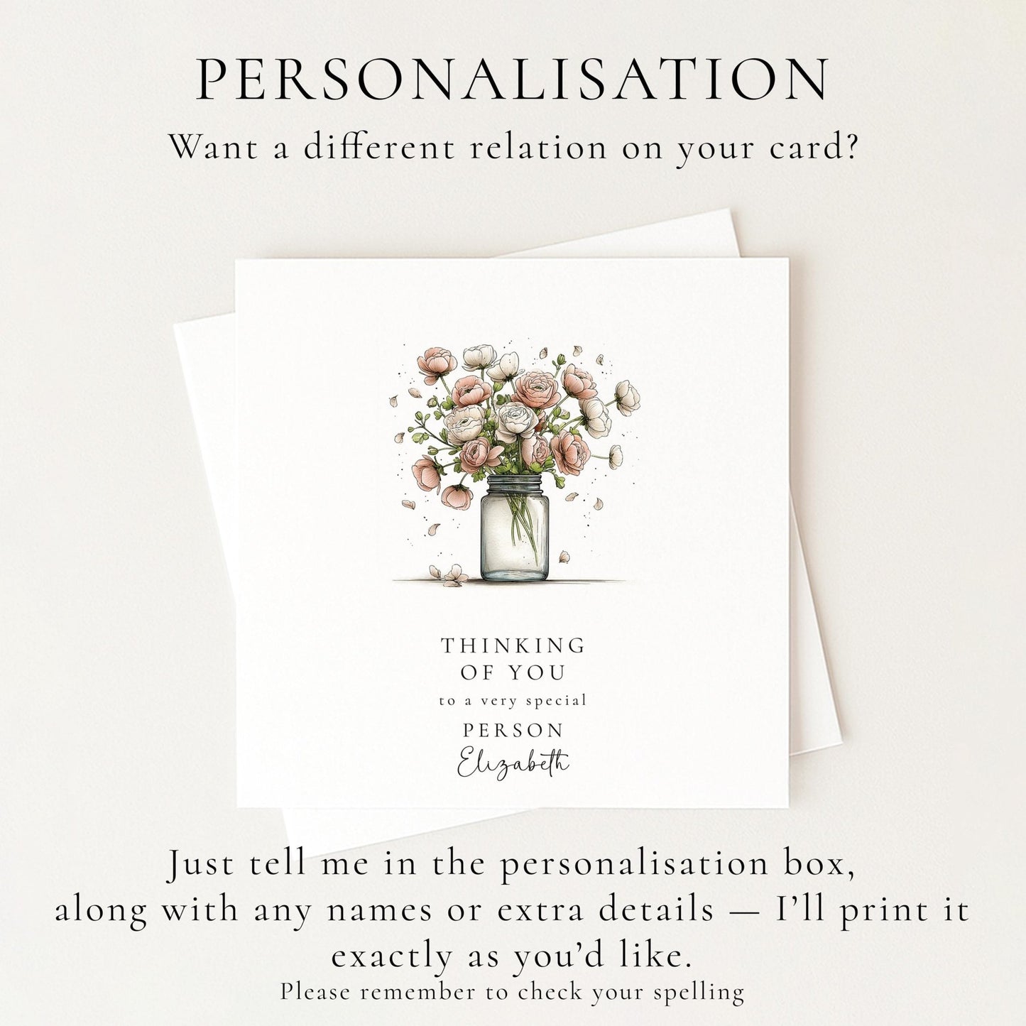 Thinking Of You Card - Personalised Floral Greeting With Bouquet In Glass Jar - Whimsi Lilley