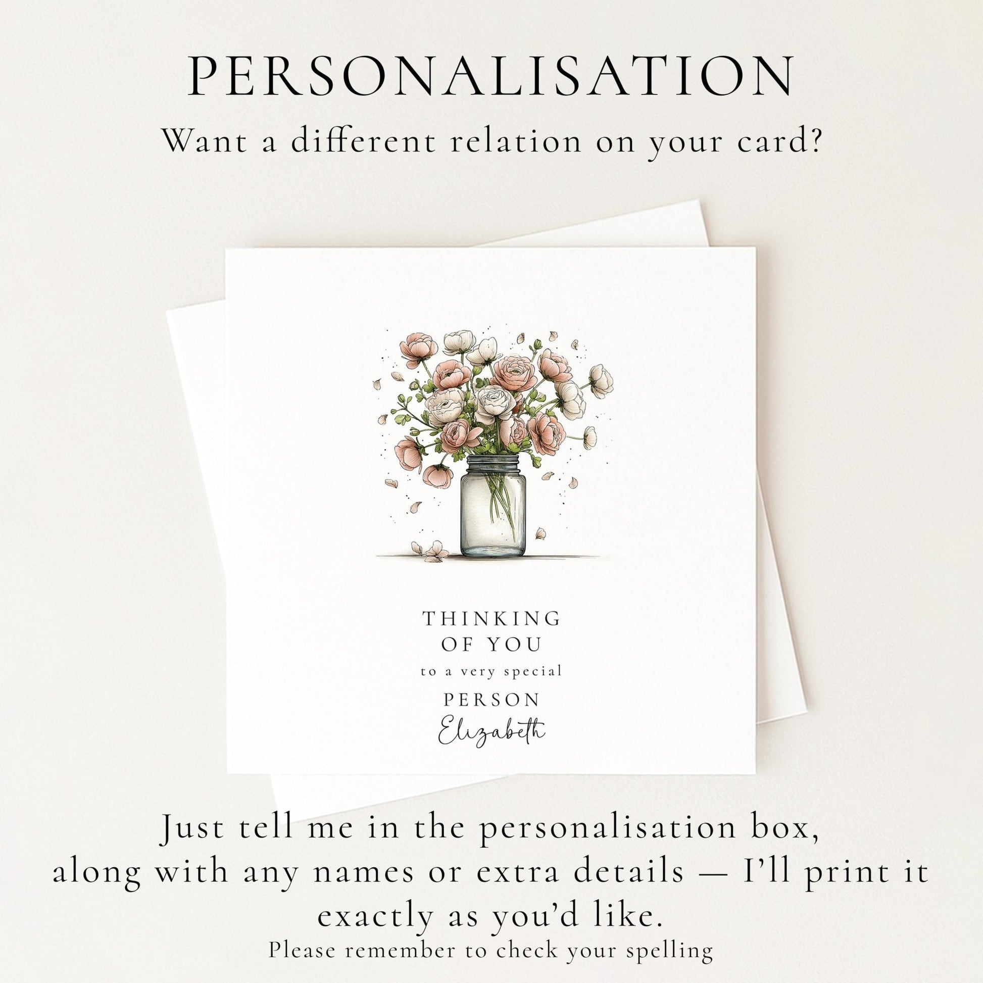 Thinking Of You Card - Personalised Floral Greeting With Bouquet In Glass Jar - Whimsi Lilley