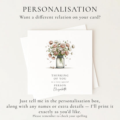 Thinking Of You Card - Personalised Floral Greeting With Bouquet In Glass Jar - Whimsi Lilley