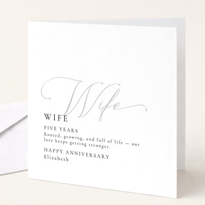 Elegant Wife Anniversary Card, Minimalist Five Year Card, Personalized Romantic Greeting Card, Wedding Anniversary Gift for Her