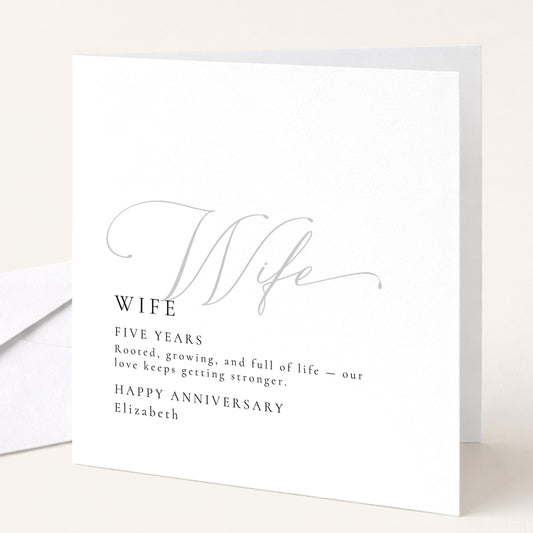 Elegant Wife Anniversary Card, Minimalist Five Year Card, Personalized Romantic Greeting Card, Wedding Anniversary Gift for Her