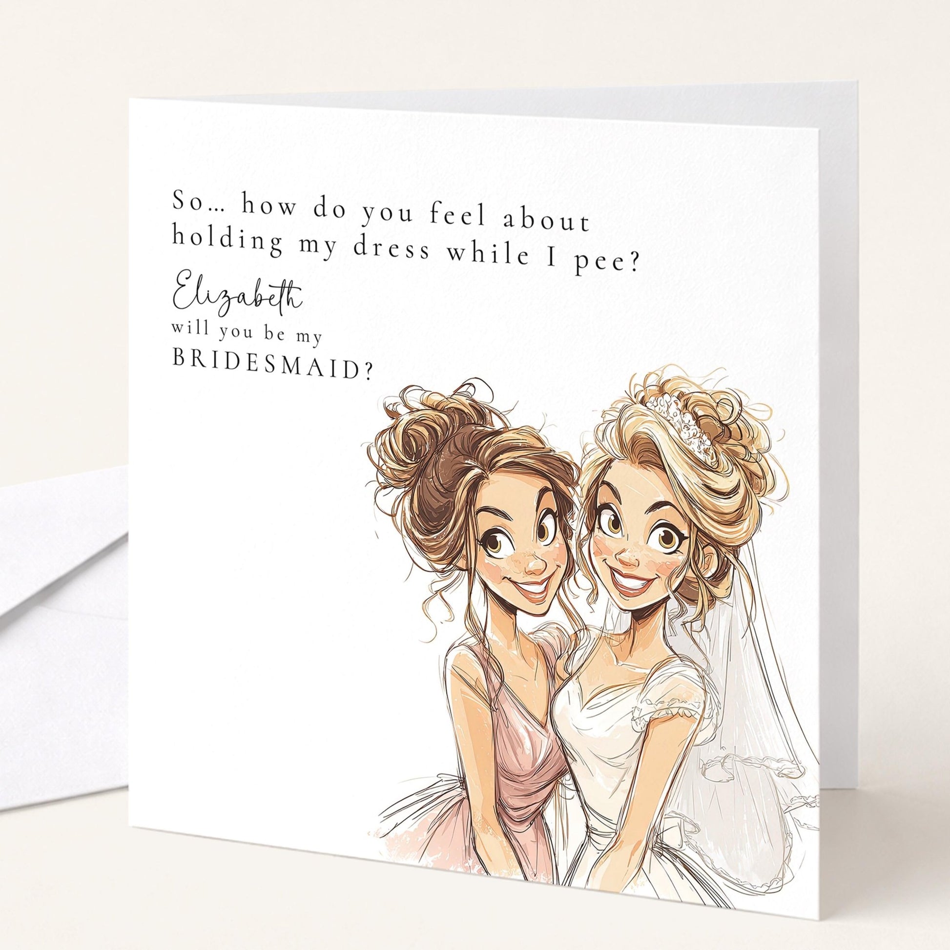 Blonde bride-themed "Will You Be My Bridesmaid" card by Whimsi Lilley featuring elegant floral design and heartfelt message.