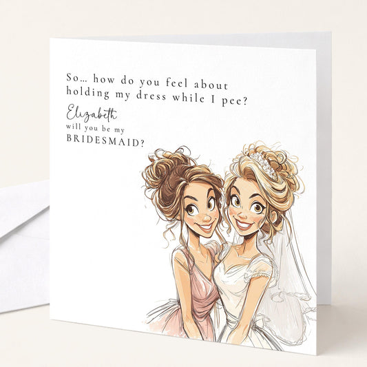 Blonde bride-themed "Will You Be My Bridesmaid" card by Whimsi Lilley featuring elegant floral design and heartfelt message.