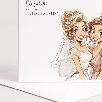 Will You Be My Bridesmaid card featuring a blonde bride illustration from Whimsi Lilley, ideal for wedding proposal occasions.