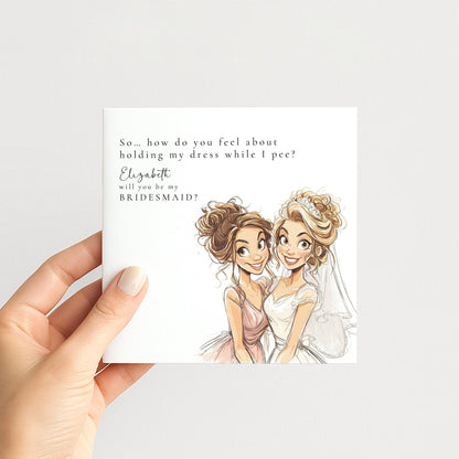 Blonde bride Will You Be My Bridesmaid card by Whimsi Lilley featuring elegant floral design and heartfelt message.
