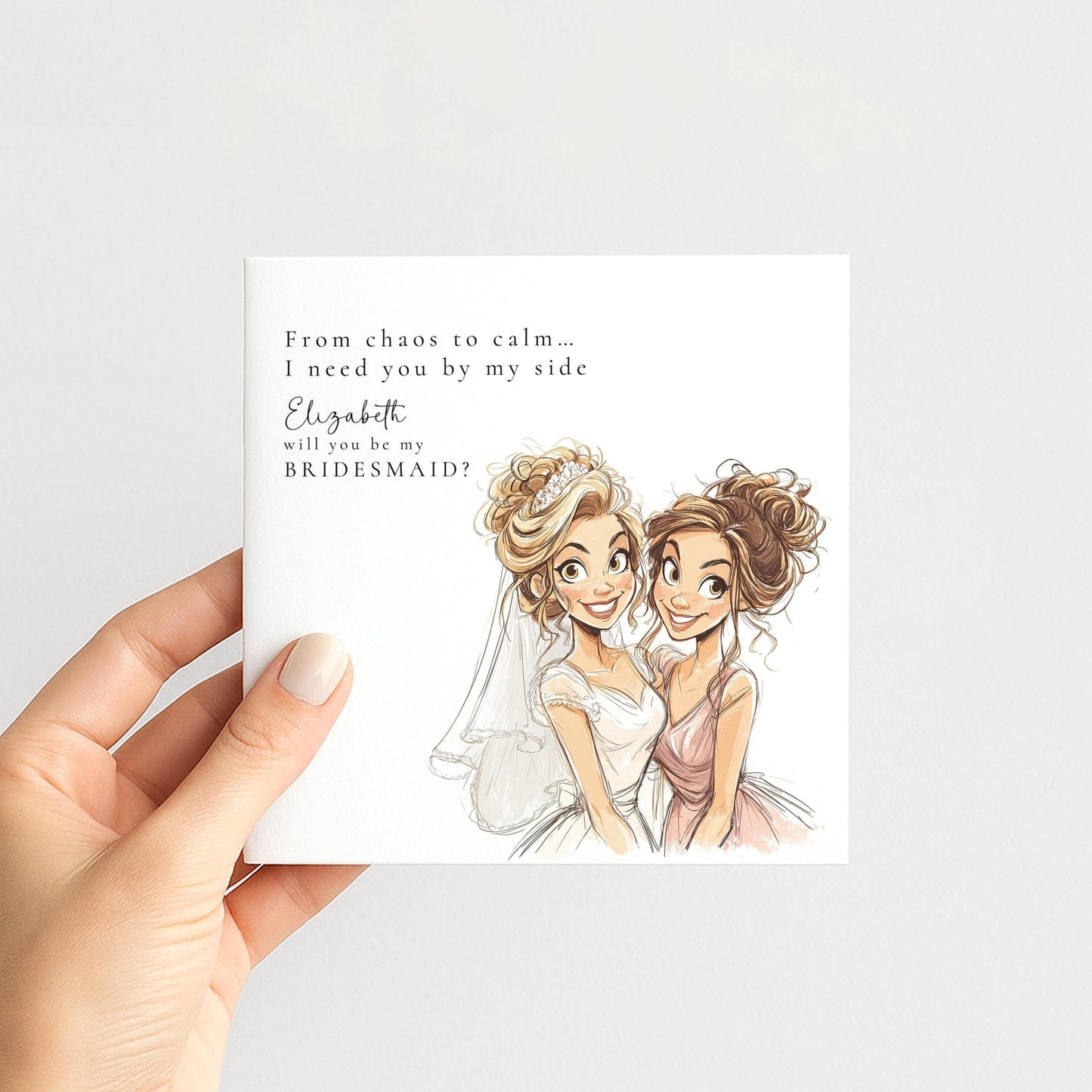 Blonde bride Will You Be My Bridesmaid card by Whimsi Lilley featuring elegant floral design and heartfelt message.