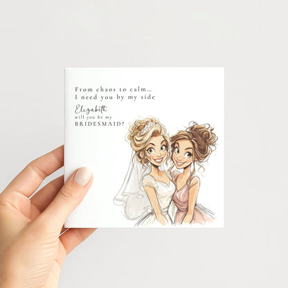 Blonde bride Will You Be My Bridesmaid card by Whimsi Lilley featuring elegant floral design and heartfelt message.