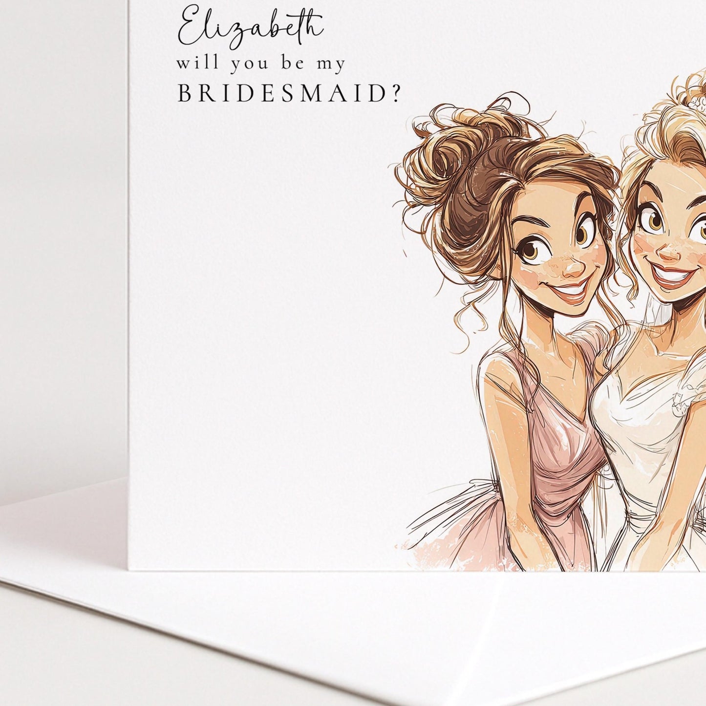Will You Be My Bridesmaid card featuring a blonde bride illustration, from Whimsi Lilley. Perfect for bridal party proposal.