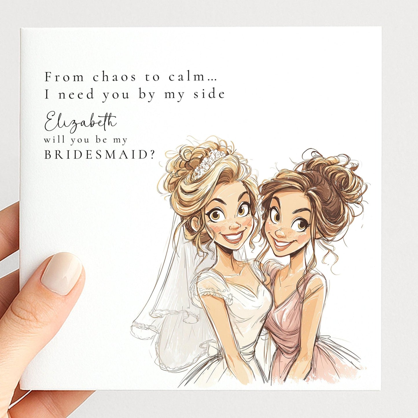 Will You Be My Bridesmaid card featuring a blonde bride illustration by Whimsi Lilley, perfect for asking your bridesmaids.
