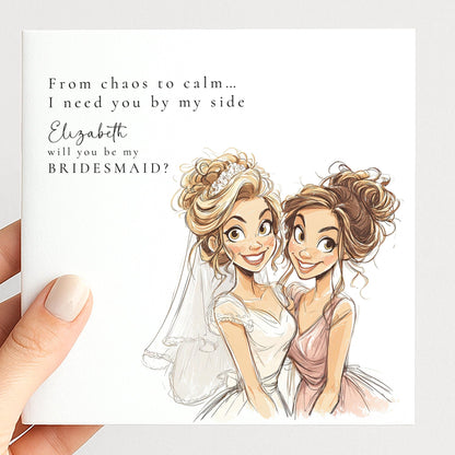 Will You Be My Bridesmaid card featuring a blonde bride illustration by Whimsi Lilley, perfect for asking your bridesmaids.