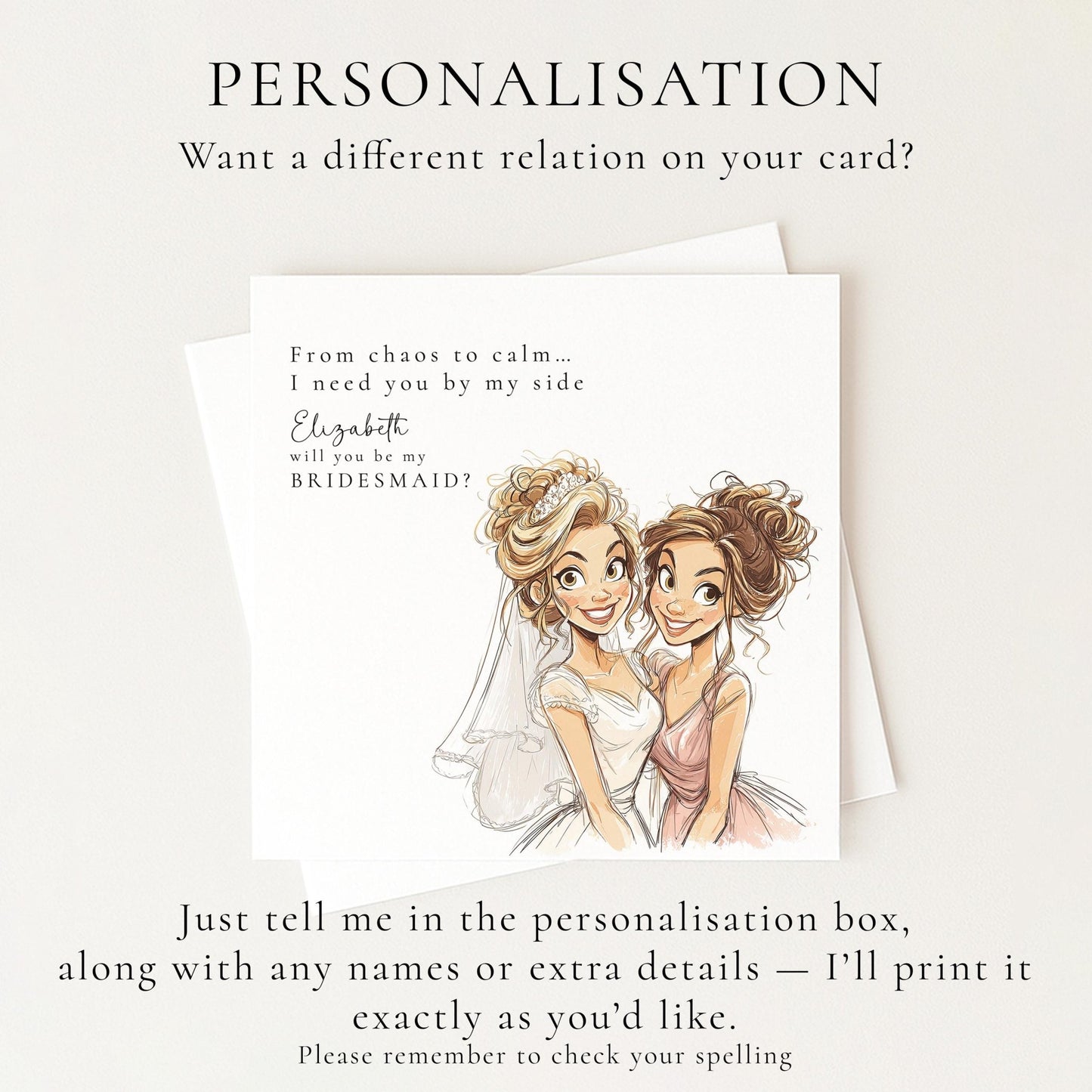 Will You Be My Bridesmaid card featuring a blonde bride illustration from Whimsi Lilley, perfect for bridesmaid proposal messages.