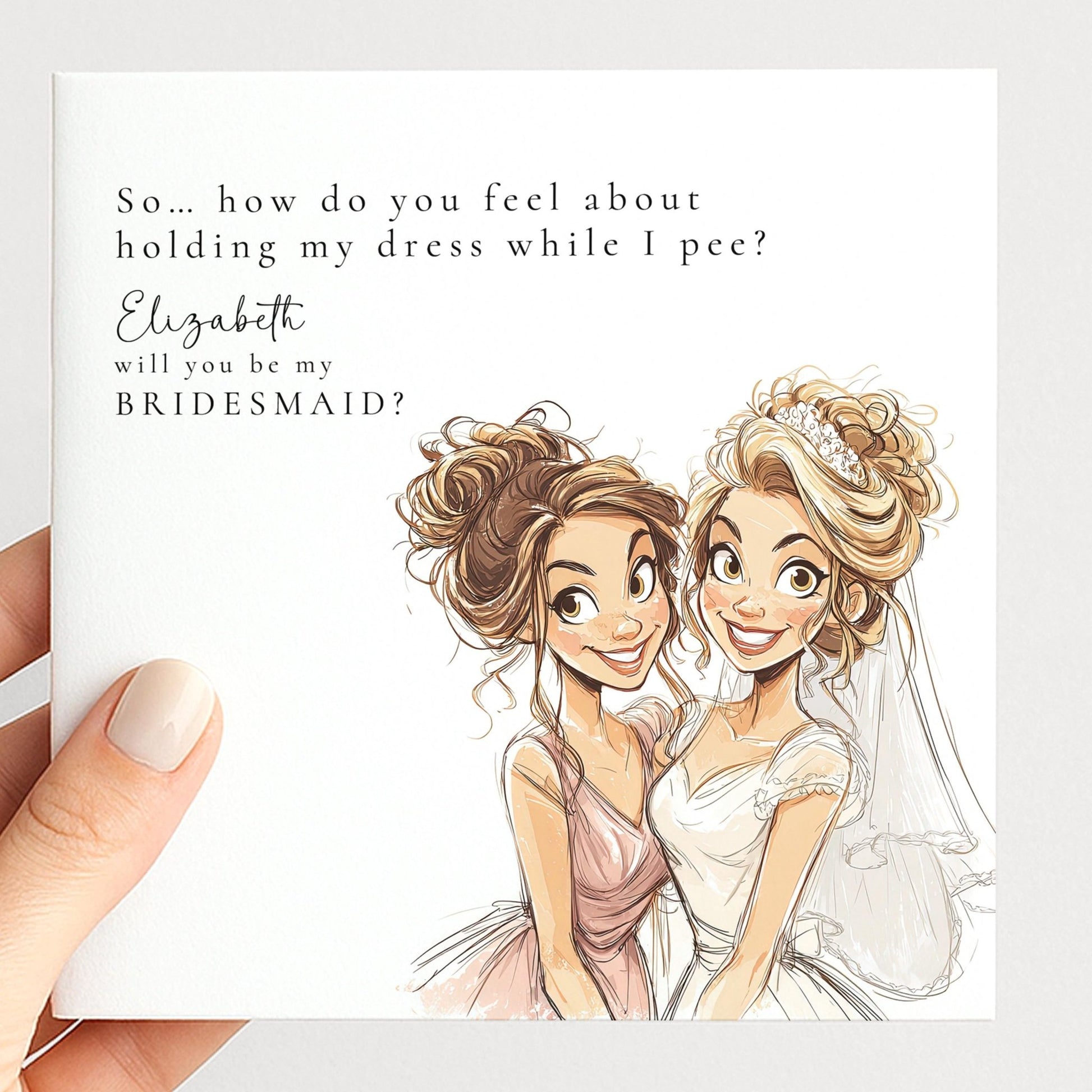 Blonde bride will you be my bridesmaid card from Whimsi Lilley featuring a heartfelt message and floral design.