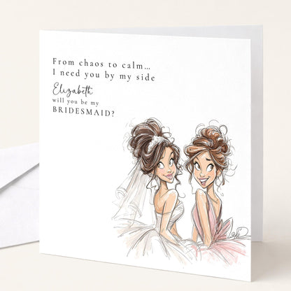 Will You Be My Bridesmaid card featuring a brunette bride design, from Whimsi Lilley, with elegant lettering on a white background.