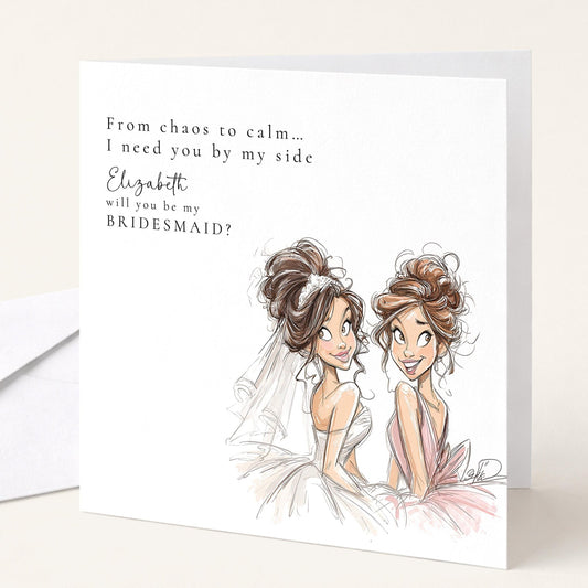 Will You Be My Bridesmaid card featuring a brunette bride design, from Whimsi Lilley, with elegant lettering on a white background.
