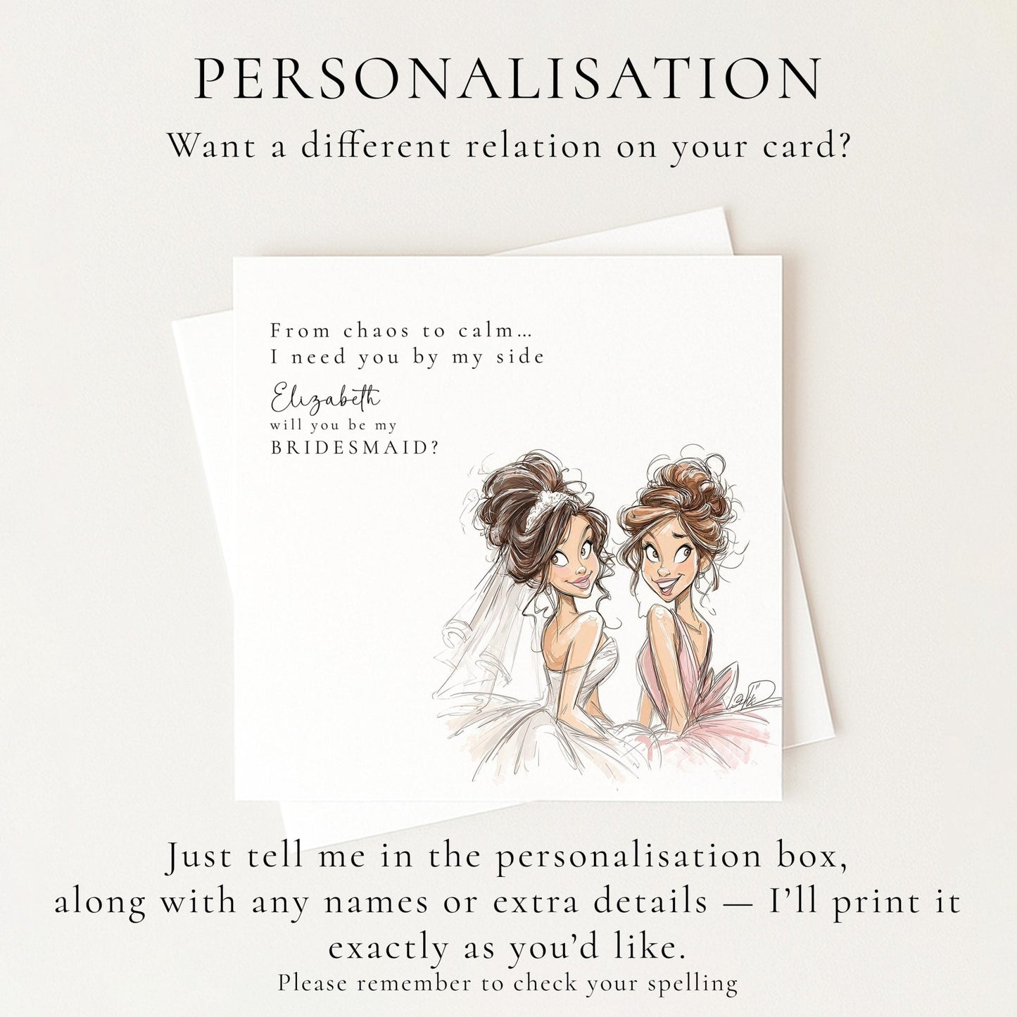 Will You Be My Bridesmaid card featuring a brunette bride, from Whimsi Lilley, with floral design and heartfelt message.