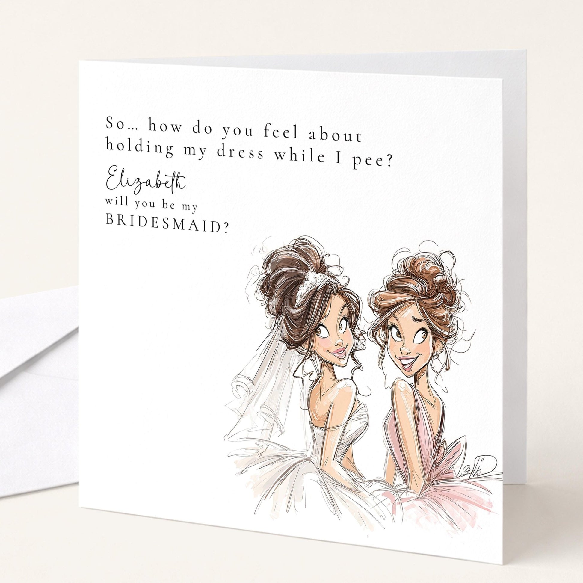Brunette bride holding a "Will You Be My Bridesmaid" card from Whimsi Lilley, featuring floral accents and elegant script design.