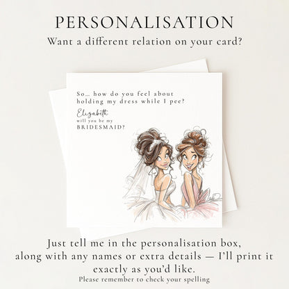 Brunette bride holding a "Will You Be My Bridesmaid" card from Whimsi Lilley, featuring elegant floral design and heartfelt message.